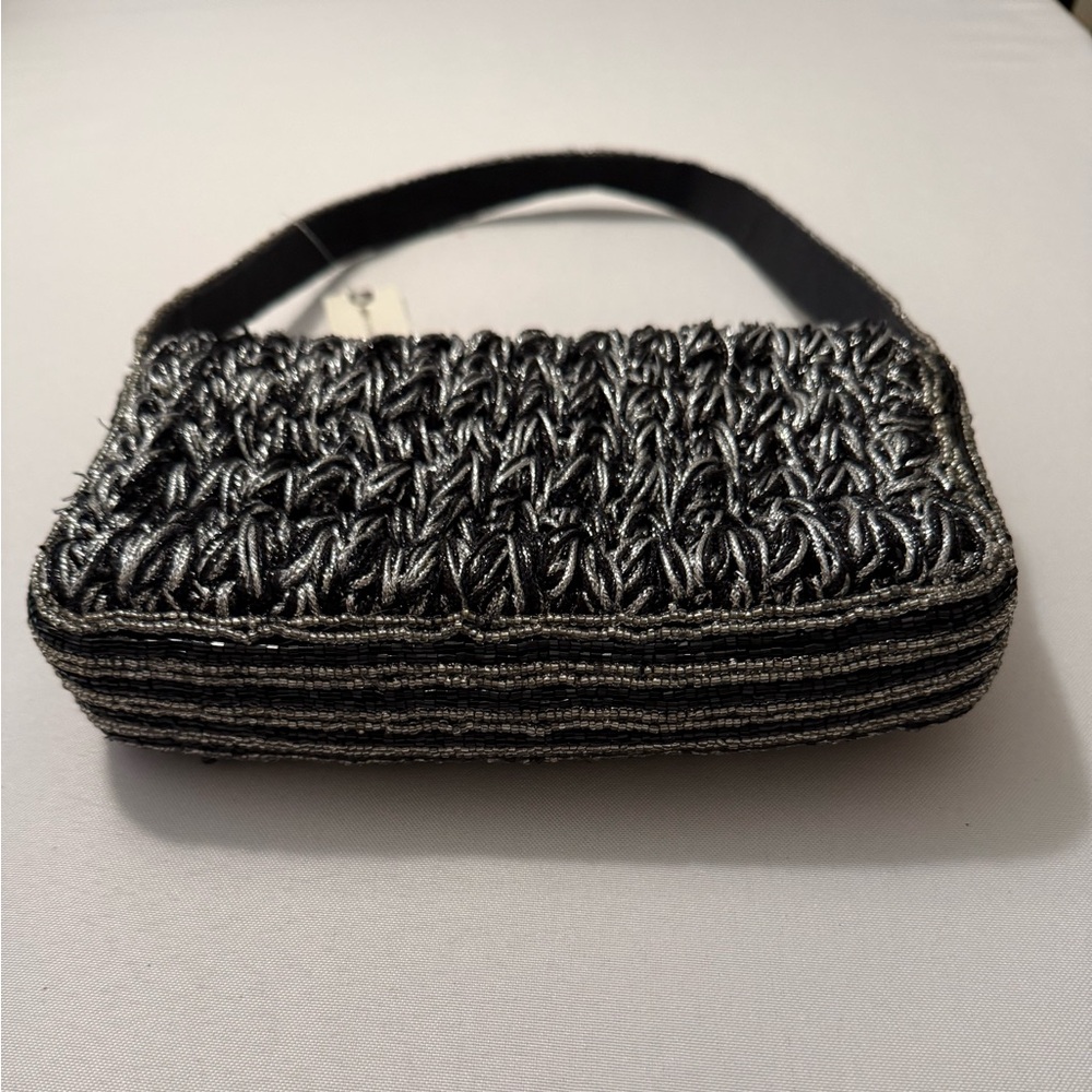 Anthropologie Maeve Fiona Crochet Beaded Bag Black & Silver - Picture 8 of 12